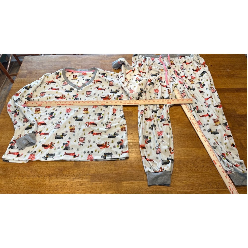 Cuddl Duds Womens Petite Large Fleece Pajama Set Christmas Dogs White Grey PL